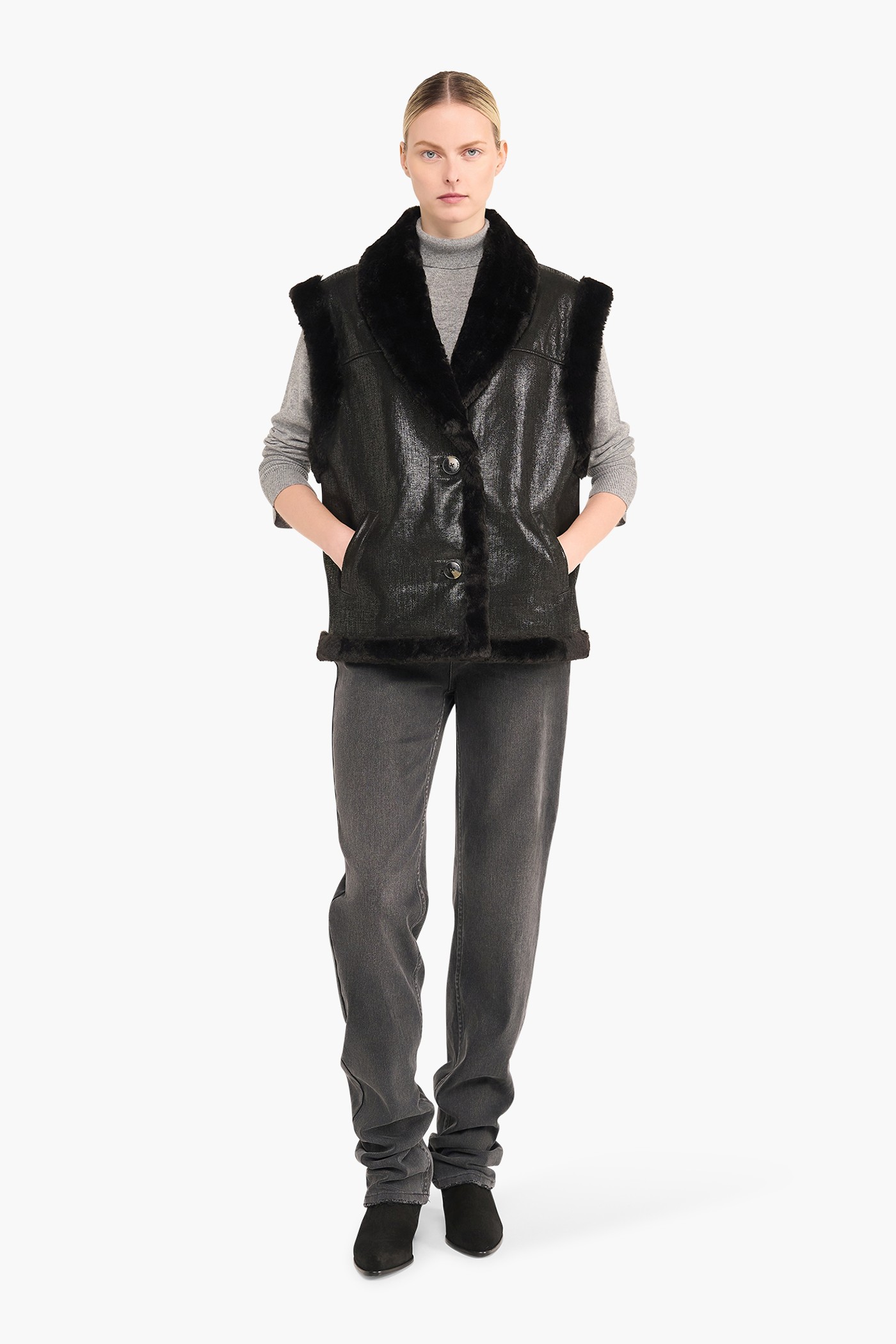 LEREN DAMES VEST JUSTIN ZWART METALLIC BONT