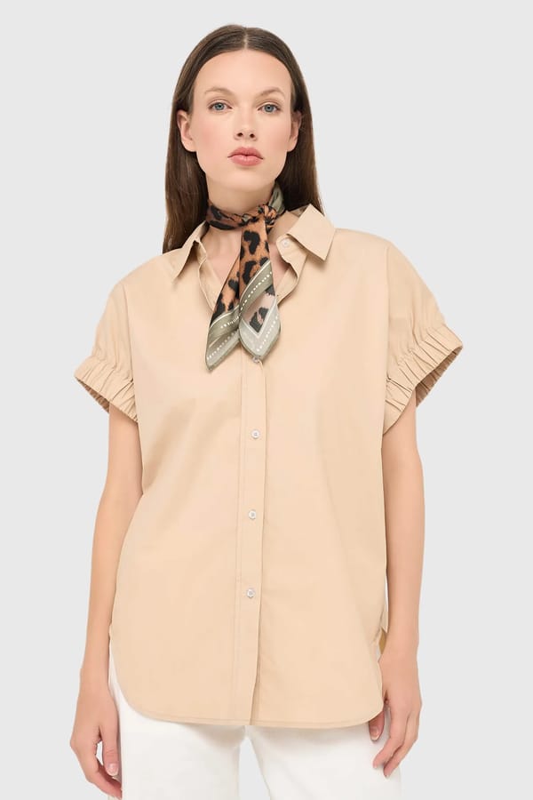 Beige Katoenen Dames Blouse Korte Mouw Yaro