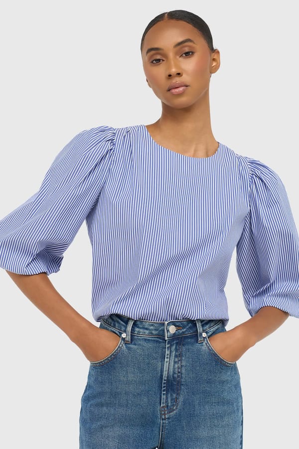 Dames Top Pof Mouw Streepjes Elian Blauw