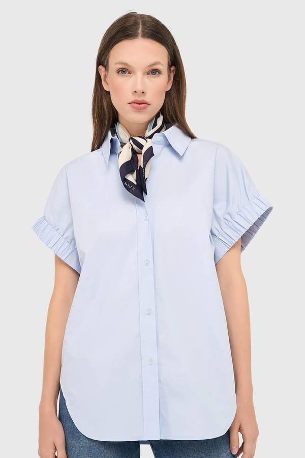Blauwe Katoenen Dames Blouse Korte Mouw Yaro